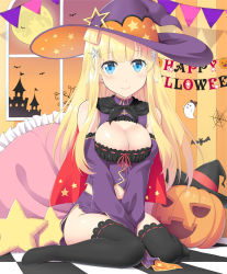 Rule 34 | 1girl, alternate costume, black thighhighs, blonde hair, blue eyes, breasts, detached sleeves, fletcher (kancolle), hair ornament, halloween, halloween costume, happy halloween, hat, highres, jack-o&#039;-lantern, kantai collection, kiryu naoto, large breasts, long hair, looking at viewer, purple hat, sitting, smile, solo, star (symbol), star hair ornament, thighhighs, wariza, witch hat