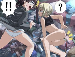 Rule 34 | !, !!, 2girls, ?, ass, between buttocks, blonde hair, blue eyes, blush, bottomless, bow, brown hair, butt crack, closed mouth, cross, erica hartmann, gertrud barkhorn, hair bow, hosoinogarou, indoors, iron cross, military uniform, multiple girls, no panties, open mouth, panties, strike witches, surprised, twintails, underwear, uniform, white eyes, white panties, world witches series