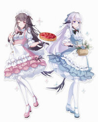 Rule 34 | 2girls, absurdres, apron, au ra, basket, blue dress, blue eyes, blue flower, blue footwear, brown hair, dragon horns, dragon tail, dress, eyebrows hidden by hair, final fantasy, final fantasy xiv, flower, flower basket, food, frilled dress, frills, full body, hair ribbon, heterochromia, highres, holding, holding basket, holding plate, horns, long hair, looking at viewer, looking to the side, maid, maid apron, maid headdress, mianyue qianyu, multiple girls, one eye closed, pantyhose, pie, pink dress, pink eyes, pink footwear, plate, purple eyes, ribbon, scales, scrunchie, sparkle, standing, standing on one leg, tail, warrior of light (ff14), white background, white pantyhose, wrist scrunchie