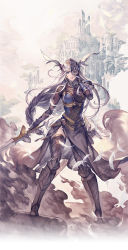 Rule 34 | 1girl, arm guards, armor, artist request, asymmetrical armor, black thighhighs, blue eyes, boots, braid, breastplate, feathers, full body, helmet, highres, holding, holding sword, holding weapon, lenneth valkyrie, long hair, looking at viewer, low-braided long hair, low-tied long hair, minaba hideo, official art, outdoors, shoulder pads, simple background, single braid, skirt, solo, sword, thighhighs, valkyrie anatomia, valkyrie profile (series), very long hair, weapon, white feathers