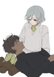 2boys bags_under_eyes black_eyes black_hair blue_eyes blush boots curly_hair dark-skinned_male dark_skin dungeon_meshi elf gorget grey_hair headpat highres kabru lap_pillow long_sleeves male_focus mayomayoland missing_eye mithrun multiple_boys notched_ear pointy_ears shirt short_hair simple_background smile thigh_boots white_background yaoi