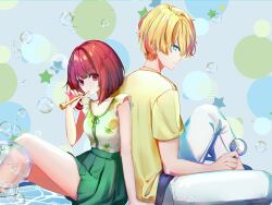 Rule 34 | 1boy, 1girl, absurdres, arima kana, arm support, back-to-back, blonde hair, blue background, blue eyes, bob cut, breasts, bubble, blowing bubbles, closed mouth, collarbone, commentary, frilled skirt, frills, green shirt, green skirt, highres, hoshino ruby, inverted bob, lilac10, looking at viewer, medium hair, no pupils, oshi no ko, pants, pineapple print, pleated skirt, red eyes, red hair, shirt, short hair, short sleeves, sitting, skirt, small breasts, star-shaped pupils, star (symbol), symbol-shaped pupils, t-shirt, twitter username, white pants, yellow shirt