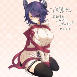 Rule 34 | 1girl, alternate costume, artist name, black thighhighs, blush, bow, breasts, brown eyes, closed mouth, dated, eyepatch, full body, kantai collection, kotobuki (momoko factory), large breasts, looking at viewer, messy hair, purple hair, red bow, red ribbon, ribbed sweater, ribbon, seiza, short hair, sitting, solo, sweater, tenryuu (kancolle), thighhighs, translation request, twitter username