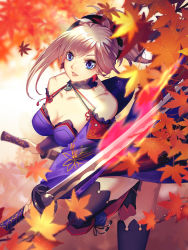 Rule 34 | 1girl, asymmetrical hair, autumn leaves, bare shoulders, black thighhighs, blue eyes, blue kimono, breasts, charlenechan925, cleavage, collarbone, detached sleeves, dual wielding, earrings, fate/grand order, fate (series), hair ornament, highres, holding, holding sword, holding weapon, japanese clothes, jewelry, katana, kimono, large breasts, leaf print, lips, looking at viewer, magatama, maple leaf print, miyamoto musashi (fate), obi, pink hair, ponytail, sash, sheath, sheathed, short kimono, sleeveless, sleeveless kimono, solo, sword, thighhighs, weapon