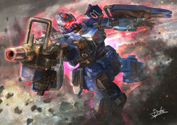 Rule 34 | aiming, arm shield, assault visor, blue destiny 01, commentary request, debris, earth federation, embers, gun, gundam, gundam side story: the blue destiny, holding, holding gun, holding weapon, hukutuuprunes, light trail, mecha, mobile suit, no humans, outstretched arm, overcast, robot, science fiction, signature, sky, solo, weapon