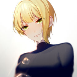 Rule 34 | 1girl, asd13, bad id, bad pixiv id, black shirt, blonde hair, crying, from below, frown, green eyes, idolmaster, idolmaster cinderella girls, idolmaster cinderella girls starlight stage, miyamoto frederica, shirt, short hair, solo, turtleneck, upper body