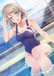 Rule 34 | 10s, 1girl, absurdres, bad id, bad pixiv id, blue eyes, blue one-piece swimsuit, breasts, cleavage, competition swimsuit, dutch angle, grey hair, highres, love live!, love live! sunshine!!, lzl j, one-piece swimsuit, poolside, salute, short hair, sitting, solo, swimsuit, watanabe you, water