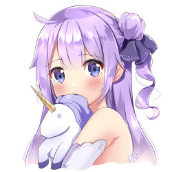 Rule 34 | 1girl, ahoge, azur lane, bare shoulders, blue eyes, blush, closed eyes, covered mouth, covering own mouth, detached sleeves, eyelashes, hair bun, highres, horns, hugging object, long hair, looking at viewer, one side up, pink hair, sasha chii, signature, single hair bun, single horn, solo, straight hair, stuffed unicorn, stuffed winged unicorn, tareme, unicorn (azur lane), upper body
