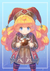 Rule 34 | 1girl, anbe yoshirou, blonde hair, blue background, blue eyes, boots, border, brown hat, charlotte (seiken densetsu 3), chocolate, chocolate on face, closed mouth, commentary request, cowboy shot, food, food on face, gradient background, hat, highres, holding, holding chocolate, holding food, jester cap, light blush, long hair, long sleeves, looking at viewer, outside border, red footwear, red hat, seiken densetsu, seiken densetsu 3, signature, solo, split mouth, standing, tabard, valentine, very long hair