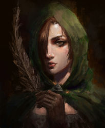 Rule 34 | 1girl, azure meraki, brown eyes, brown gloves, brown hair, cape, closed mouth, dark souls (series), dark souls ii, emerald herald, feathers, gloves, green cape, highres, holding, holding feather, hood, hood up, hooded cape, looking at viewer, one eye covered, portrait, solo