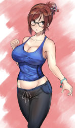 Rule 34 | 1girl, :o, armpits, bare arms, bare shoulders, black-framed eyewear, blue shirt, blush, bracelet, breasts, cleavage, collarbone, cowboy shot, glasses, groin, hair ornament, hair stick, hand up, highres, jewelry, koucha indian, large breasts, looking at viewer, mei (overwatch), open mouth, overwatch, overwatch 1, pants, pearl bracelet, pink background, ponytail, shirt, short hair, sidelocks, sketch, sleeveless, solo, standing, swept bangs, track pants, v-shaped eyebrows
