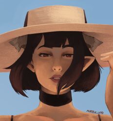 black_hair blue_sky close-up collar collared_shirt demon_girl hand_on_headwear hat headshot horns lips looking_at_viewer mateus_upd original pointy_ears shirt short_hair sky sun_hat torture_tortura