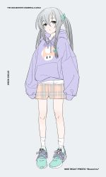 Rule 34 | 1girl, :o, acubi tomaranai, braid, character name, copyright name, english text, fashion, full body, grey background, grey eyes, grey hair, highres, hood, hoodie, hoshi syoko, idolmaster, idolmaster cinderella girls, long hair, looking at viewer, mario (series), nintendo, parted lips, plaid, plaid shorts, product placement, purple hoodie, shirt, shoes, shorts, simple background, single braid, sleeves past fingers, sleeves past wrists, sneakers, socks, solo, standing, super mushroom, twintails, white shirt, white socks