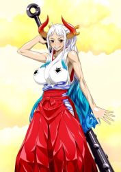 Rule 34 | 1girl, breasts, holding, holding weapon, horns, lat, nel-zel formula, one piece, solo, weapon, yamato (one piece)