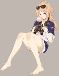 Rule 34 | 1girl, azur lane, barefoot, belt, binoculars, blonde hair, blowing bubbles, chewing gum, columbia (azur lane), e draw paint, full body, grey background, headphones, headphones around neck, highres, invisible chair, legs, long hair, looking at viewer, purple eyes, short shorts, shorts, simple background, sitting, solo