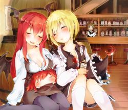 Rule 34 | 4girls, :3, :d, = =, album cover, bar (place), barrel, black legwear, blonde hair, blush, bottle, breast rest, breasts, breasts on head, brown eyes, brown hair, chibi, child, cleavage, closed eyes, collarbone, convenient leg, counter, cover, demon girl, demon wings, drunk, dual persona, futatsuiwa mamizou, glasses, hair ornament, hand on another&#039;s shoulder, hat, unworn hat, head wings, unworn headwear, koakuma, leaf, leaf hair ornament, leaf on head, leaning on person, long hair, lunasa prismriver, makuwauri, multiple girls, open clothes, open mouth, open shirt, pantyhose, red hair, shirt, short hair, sitting, skirt, skirt set, sleeping, smile, touhou, very long hair, vest, wariza, wings