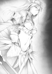 Rule 34 | 1girl, bra, breasts, cleavage, closed mouth, cowboy shot, detached sleeves, dutch angle, edelweiss (rakudai kishi no cavalry), floating hair, frown, greyscale, hair between eyes, highres, holding, holding weapon, long hair, long sleeves, medium breasts, midriff, monochrome, navel, novel illustration, official art, rakudai kishi no cavalry, skirt, solo, standing, stomach, underwear, weapon, won (az hybrid)