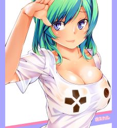 Rule 34 | 1girl, amasora taichi, blue eyes, breasts, cleavage, green hair, highres, large breasts, lips, original, pillarboxed, see-through, see-through silhouette, shiny skin, shirt, skindentation, smile, solo, upper body