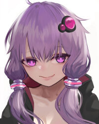 Rule 34 | 1girl, black hoodie, closed mouth, commentary request, hair ornament, hood, hood down, hoodie, long hair, looking at viewer, medium bangs, naonaonina, pink eyes, purple hair, simple background, smile, solo, upper body, vocaloid, voiceroid, white background, yuzuki yukari
