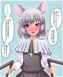 Rule 34 | ..., 1girl, animal ears, blue background, blush, commentary request, dowsing rod, dress, flat chest, fusu (a95101221), grey dress, grey hair, highres, jewelry, long sleeves, looking at viewer, mouse ears, nazrin, pendant, red eyes, short hair, solo, touhou, translated