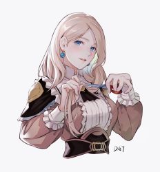 Rule 34 | 1girl, absurdres, blonde hair, blue eyes, breasts, brown dress, commentary request, cropped torso, cutting hair, cutting own hair, da-cart, dress, earrings, fire emblem, fire emblem: three houses, fire emblem warriors, fire emblem warriors: three hopes, grey background, highres, holding, holding own hair, holding scissors, jewelry, large breasts, long hair, long sleeves, looking at viewer, mercedes von martritz, nintendo, parted lips, scissors, simple background, solo, upper body
