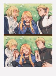 Rule 34 | 1boy, 2girls, ^ ^, black vest, blonde hair, blue capelet, blue jacket, braid, brother and sister, capelet, choker, closed eyes, commentary, czzsghdf, dungeon meshi, elf, facing viewer, falin touden, falin touden (tallman), field, finger to mouth, flower, hair between eyes, hands up, happy, highres, holding hands, hood, hood down, hooded capelet, index finger raised, interlocked fingers, jacket, laios touden, laughing, long hair, long sleeves, looking at another, lying, marcille donato, multiple girls, on back, on ground, on side, open mouth, pointy ears, scratching head, shirt, short hair, shushing, siblings, side braid, single braid, sleeping, symbol-only commentary, upper body, vest, w arms, white flower, white shirt