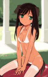 Rule 34 | 1girl, animal ears, bikini, breasts, brown hair, cleavage, dark-skinned female, dark skin, dog ears, dog tail, federica n. doglio, green eyes, long hair, looking at viewer, pillar, shade, shimada fumikane, sitting, sitting on object, sketch, small breasts, smile, solo, straddling, strike witches, strike witches: kurenai no majo-tachi, string bikini, swimsuit, tail, thighhighs, v arms, water, white bikini, white thighhighs, world witches series