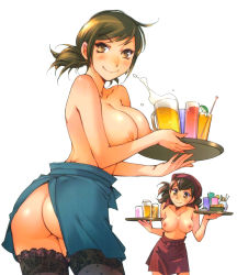Rule 34 | 2girls, alcohol, apron, ass, back cover, beer, beer mug, black legwear, breasts, brown eyes, brown hair, character request, cover, cowboy shot, cup, drinking glass, facing viewer, food, glass, green apron, highres, kerorin, lace, lace-trimmed legwear, lace trim, large breasts, long hair, looking at viewer, looking back, medium breasts, mug, multiple girls, naked apron, nipples, simple background, smile, standing, thighhighs, topless, tray, waist apron, waitress, waitress uniform, white background