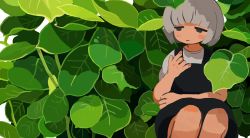 Rule 34 | 1girl, black dress, blunt bangs, bob cut, butudan butugu, closed mouth, commentary, dress, expressionless, feet out of frame, grey eyes, grey hair, hand up, highres, leaf, looking at viewer, no nose, original, pinafore dress, plant, shirt, short hair, short sleeves, sitting, sleeveless dress, solo, symbol-only commentary, white shirt