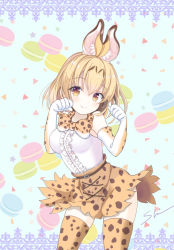 Rule 34 | 10s, 1girl, animal ears, blush, breasts, closed mouth, elbow gloves, gloves, kemono friends, large breasts, looking at viewer, multicolored clothes, multicolored gloves, orange eyes, orange gloves, orange hair, orange skirt, orange thighhighs, serval (kemono friends), shino (shinderera), short hair, skirt, smile, solo, thighhighs, white gloves