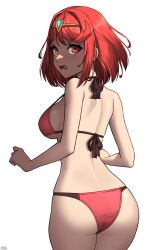 Rule 34 | absurdres, artist name, ass, bikini, blush, breasts, core crystal (xenoblade), from behind, highres, large breasts, lower teeth only, open mouth, pyra (xenoblade), red bikini, red eyes, red hair, short hair, simple background, swimsuit, teeth, underboob, white background, x xith x, xenoblade chronicles (series), xenoblade chronicles 2