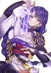 Rule 34 | 1girl, absurdres, arm up, armor, braid, breasts, bridal gauntlets, cleavage, commentary request, electricity, energy sword, flower, genshin impact, hair ornament, highres, holding, holding sword, holding weapon, huge filesize, human scabbard, izzu, japanese clothes, kimono, large breasts, long hair, looking at viewer, mitsudomoe (shape), mole, mole under eye, obi, obiage, obijime, open mouth, purple eyes, purple flower, purple hair, raiden shogun, ribbon, sash, shoulder armor, simple background, solo, sword, tassel, thighhighs, tomoe (symbol), weapon, white background