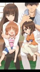 Rule 34 | 10s, 1boy, 3girls, aged down, barefoot, black hair, blunt bangs, brown eyes, brown hair, closed eyes, faceless, faceless male, family, father and daughter, feet, girls und panzer, highres, hime cut, hitoshi suda, husband and wife, mother and daughter, multiple girls, nishizumi maho, nishizumi miho, nishizumi shiho, nishizumi tsuneo, shirt, siblings, sisters, sitting, smile, v, white shirt