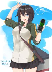 Rule 34 | 1girl, black hair, black skirt, blue eyes, can, cooler, cowboy shot, dated, e16a zuiun, eighth note, energy drink, hayasui (kancolle), highres, ibuki grunt, jacket, kantai collection, looking at viewer, monster energy, musical note, one eye closed, parody, pleated skirt, short hair, skirt, smile, solo, spoken musical note, track jacket, twitter username, two-tone background, white background