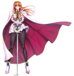 Rule 34 | 1girl, boots, breasts, cape, crown, curvy, female focus, full body, highres, holding, holding sword, holding weapon, kagami hirotaka, kangoku senkan, kangoku senkan 2, large breasts, lilith-soft, looking at viewer, maya cordelia, no bra, official art, orange hair, princess, shiny clothes, shiny skin, simple background, solo, standing, sword, taimanin (series), taimanin rpgx, thick thighs, thighs, weapon, wind