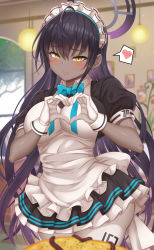 Rule 34 | 1girl, ahoge, apron, black dress, black hair, blue archive, blue bow, blue bowtie, blurry, blurry background, blush, bow, bowtie, breasts, closed mouth, commentary request, cowboy shot, dark-skinned female, dark skin, dress, food, frilled apron, frilled dress, frills, gloves, gradient hair, hair between eyes, halo, hands up, heart, heart hands, highres, indoors, karin (blue archive), ketchup, kitchen, large breasts, long hair, looking at viewer, maid, maid apron, maid headdress, multicolored hair, omelet, omurice, open mouth, pantyhose, parted lips, plate, pleated dress, puffy short sleeves, puffy sleeves, purple hair, ribbon, short sleeves, solo, spoken blush, spoken heart, sweat, sweatdrop, very long hair, white apron, white gloves, white pantyhose, yasojima nejiro, yellow eyes