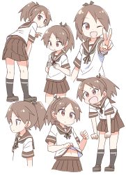 Rule 34 | 1girl, :d, brown eyes, brown hair, brown ribbon, brown skirt, clenched hands, clothes lift, commentary, flat chest, from behind, hands on own chest, highres, kantai collection, leaning forward, lifted by self, looking at viewer, midriff, multiple views, navel, neck ribbon, one eye closed, open mouth, pleated skirt, ponytail, ribbon, roku no hito, sailor collar, school uniform, shikinami (kancolle), shirt lift, simple background, skirt, smile, standing, upper body, v, white background