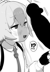 Rule 34 | !?, 1boy, 1girl, absurdres, ahoge, blue archive, blush, censored, collared shirt, erection, gloves, greyscale, hair between eyes, hetero, heterochromia, highres, hoshino (blue archive), long hair, long sleeves, monochrome, necktie, open mouth, penis, penis awe, shirt, simple background, solo focus, uminotacos, white background