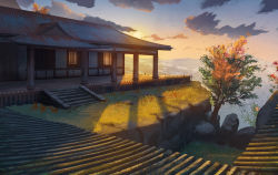 Rule 34 | architecture, artist name, building, cloud, commentary, east asian architecture, grass, highres, house, mountain, mountainous horizon, no humans, outdoors, rajawat, rock, scenery, sekiro: shadows die twice, sky, stairs, sunset, tree, window