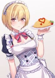 Rule 34 | 1girl, apron, blonde hair, blue bow, blush, bow, bowtie, breasts, closed mouth, corset, dress, food, frilled shirt collar, frilled sleeves, frills, hair between eyes, heart, highres, holding, holding plate, idolmaster, idolmaster shiny colors, looking at viewer, maid headdress, medium breasts, misakichintin, plate, puffy short sleeves, puffy sleeves, red bow, red bowtie, red eyes, saijo juri, short hair, short sleeves, simple background, solo, tomato, underbust, v-shaped eyebrows, waist apron, white apron, white background, wrist cuffs