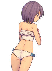 Rule 34 | 1girl, ass, bare shoulders, bikini, closed mouth, commentary, cowboy shot, everyntrge, frilled bikini, frills, from behind, hair between eyes, highres, light smile, median furrow, original, pink scrunchie, purple eyes, purple hair, scrunchie, short hair, shoulder blades, simple background, solo, standing, swimsuit, wet, white background, white bikini, wrist scrunchie