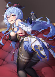 Rule 34 | 1girl, absurdres, ahoge, ass, baby bottle, bare shoulders, black gloves, black leotard, black pantyhose, blue hair, bottle, breasts, detached sleeves, from behind, ganyu (genshin impact), genshin impact, gloves, goat horns, highres, holding, horns, k.t.cube, kneeling, large breasts, leotard, long hair, long sleeves, looking at viewer, looking back, low ponytail, open mouth, pantyhose, purple eyes, revision, solo, thighs, torn clothes, very long hair, waist cape
