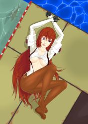 Rule 34 | 1girl, absurdres, brown pantyhose, elhaym van houten, feet, female focus, fish, from above, full body, highres, long hair, no shoes, orange hair, pantyhose, red hair, solo, thighs, toe scrunch, toes, vocher, xenogears