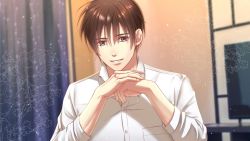 Rule 34 | 1boy, bad id, bad pixiv id, blurry, blurry background, brown eyes, brown hair, dress shirt, indoors, izumi (stardustalone), male focus, official art, original, own hands together, parted lips, shirt, short hair, smile, solo, upper body, watermark, white shirt