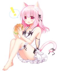 Rule 34 | !, 1girl, :o, animal ears, bare arms, bare shoulders, barefoot, black bow, black ribbon, blush, bow, burger, cat ears, cat girl, cat tail, commentary request, dress, fang, food, full body, hair between eyes, hair bow, hair ribbon, highres, holding, holding food, long hair, looking at viewer, nail polish, open mouth, original, pink hair, red eyes, ribbon, shikito (yawa0w0), simple background, sleeveless, sleeveless dress, solo, spoken exclamation mark, tail, tail ornament, tail ribbon, white background, white dress, white nails
