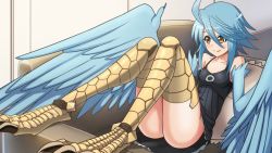 Rule 34 | 1girl, ahoge, artist request, bare shoulders, bird legs, black dress, blue hair, blue wings, breasts, couch, dress, eyebrows hidden by hair, feathered wings, feathers, game cg, hair between eyes, harpy, medium hair, monster girl, monster musume no iru nichijou, monster musume no iru nichijou online, official alternate costume, official art, papi (monster musume), sidelocks, sitting, small breasts, solo, talons, thighhighs, winged arms, wings, yellow eyes, zettai ryouiki