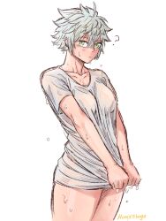 Rule 34 | 1girl, asta (black clover), black clover, blush, bottomless, breasts, genderswap, genderswap (mtf), green eyes, grey hair, highres, holding, holding clothes, honexstage, large breasts, looking at viewer, shirt, simple background, sketch, upper body, wet, wet clothes, wet hair, wet shirt, white background