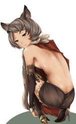 Rule 34 | 10s, 1girl, animal ears, back, backless outfit, bad id, bad pixiv id, bare back, blush, cape, detached sleeves, dress, erune, from behind, granblue fantasy, green eyes, grey hair, hair ornament, kirieppa, looking at viewer, looking back, scarf, short hair, simple background, solo, squatting, stella (granblue fantasy), sutera (granblue fantasy), thighhighs