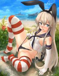 Rule 34 | 10s, 1girl, absurdres, akasaai, anchor, anchor hair ornament, animal ears, battleship, beach, black panties, blonde hair, blue eyes, blush, day, elbow gloves, fake animal ears, fang, feet, gloves, hair ornament, highres, kantai collection, long hair, military, military vehicle, navel, no shoes, ocean, open mouth, panties, personification, rabbit ears, shimakaze (kancolle), shiny skin, ship, sitting, solo, striped clothes, striped thighhighs, thighhighs, underwear, undressing, very long hair, warship, watercraft