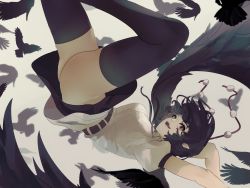 Rule 34 | 1girl, ass, belt, bird, bird wings, black belt, black neckwear, black ribbon, black skirt, black thighhighs, breasts, collared shirt, commentary, crow, english commentary, fangs, feathered wings, feathers, hat, highres, large breasts, looking at viewer, miniskirt, naufaldreamer, no panties, open mouth, pointy ears, pom pom (clothes), puffy short sleeves, puffy sleeves, red eyes, ribbon, shameimaru aya, shirt, short hair, short sleeves, skirt, solo, thighhighs, tokin hat, touhou, white shirt, wing collar, wings